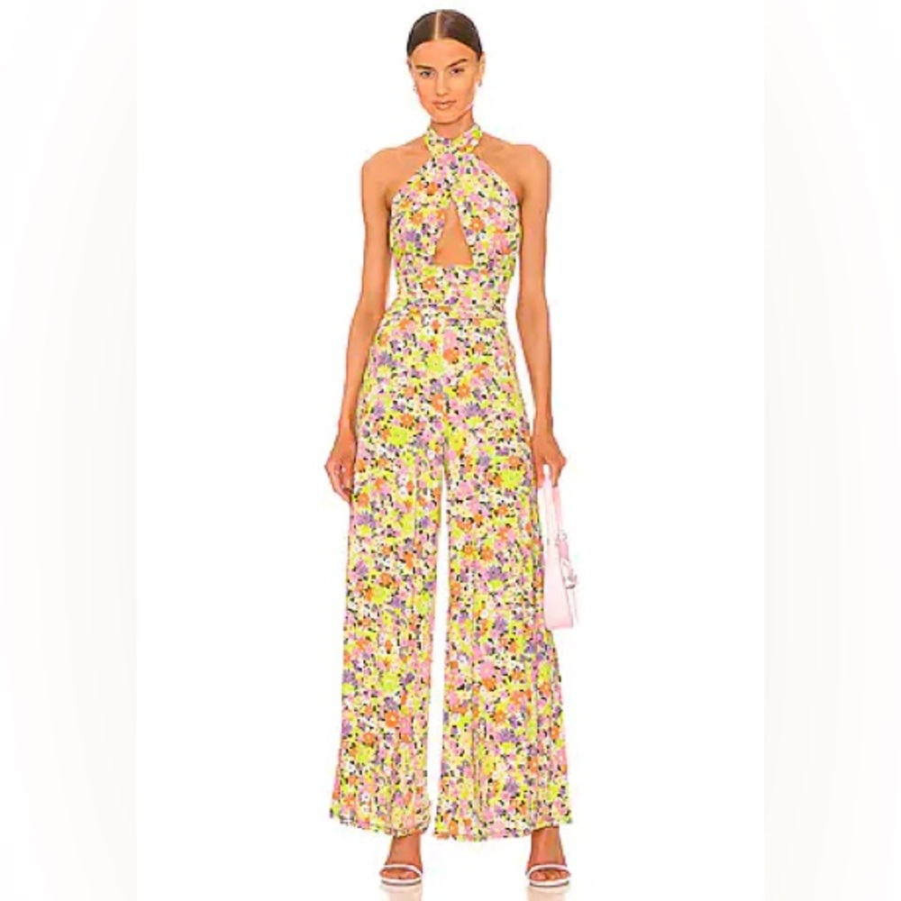 PAMELA SLINKY JUMPSUIT IN SPRING LIME DITSY